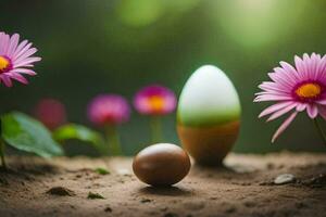 een ei en bloemen in de aarde. ai-gegenereerd foto