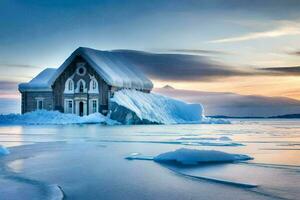 een huis Aan ijs in de midden- van de oceaan. ai-gegenereerd foto