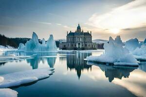 ijs ijsschotsen in de water met een kasteel in de achtergrond. ai-gegenereerd foto