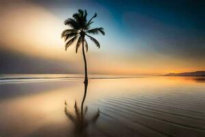 een eenzaam palm boom staat Aan de strand Bij zonsondergang. ai-gegenereerd foto