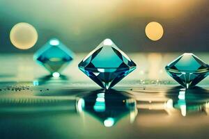 drie diamant vormig voorwerpen zijn zittend Aan de water. ai-gegenereerd foto
