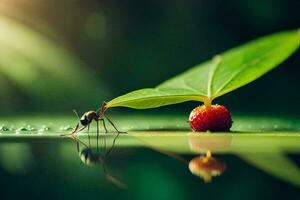 een klein mier is staand Aan een blad met een rood BES. ai-gegenereerd foto