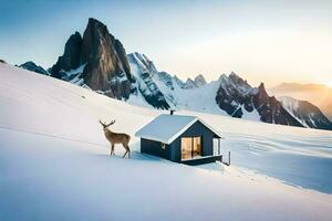 een hert staat in voorkant van een cabine in de sneeuw. ai-gegenereerd foto