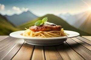 spaghetti met vlees en saus Aan een bord Aan een tafel in de bergen. ai-gegenereerd foto