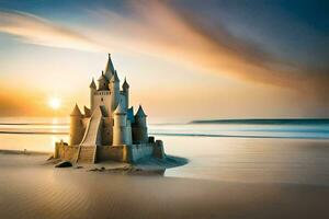 een zand kasteel Aan de strand Bij zonsondergang. ai-gegenereerd foto