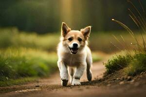 een puppy rennen Aan een aarde weg in de midden- van een veld. ai-gegenereerd foto