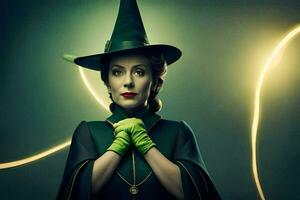 een vrouw in een groen heks hoed en handschoenen. ai-gegenereerd foto