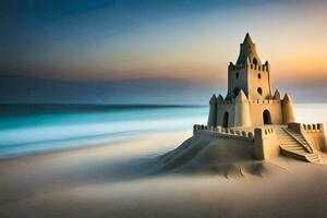 Zandkasteel Aan de strand Bij zonsondergang. ai-gegenereerd foto