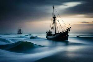 een boot in de oceaan Bij zonsondergang. ai-gegenereerd foto