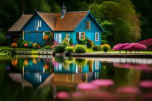 een blauw huis is weerspiegeld in de water. ai-gegenereerd foto