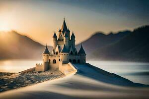 een kasteel in de zand met de zon instelling achter het. ai-gegenereerd foto