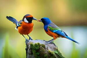 twee kleurrijk vogelstand staand Aan een stomp. ai-gegenereerd foto