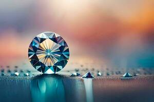 een diamant is getoond Aan een tafel met water druppels. ai-gegenereerd foto