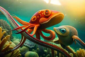 een Octopus en een vis zijn zwemmen in de oceaan. ai-gegenereerd foto