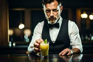 barman voorbereidingen treffen een cocktail. ai-gegenereerd foto