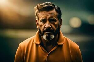 een Mens met een baard en een oranje shirt. ai-gegenereerd foto