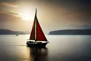 een zeilboot het zeilen Aan de water Bij zonsondergang. ai-gegenereerd foto