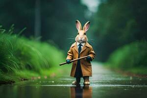 een konijn in een loopgraaf jas en stropdas Holding een stok. ai-gegenereerd foto