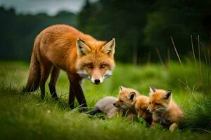 een vos familie in de gras. ai-gegenereerd foto