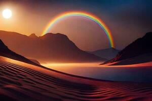 een regenboog is gezien over- een woestijn met bergen in de achtergrond. ai-gegenereerd foto