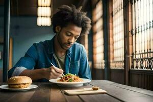 een Mens aan het eten een maaltijd Bij een tafel. ai-gegenereerd foto