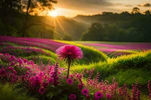 een bloem in een veld- Bij zonsondergang. ai-gegenereerd foto