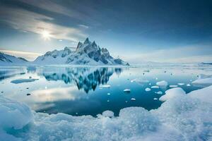 de zon schijnt over- een bevroren meer en ijsbergen. ai-gegenereerd foto