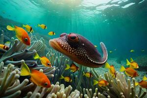 een vis zwemmen in de oceaan met koraal. ai-gegenereerd foto
