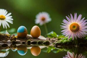 drie eieren zijn zittend Aan een log met bloemen. ai-gegenereerd foto