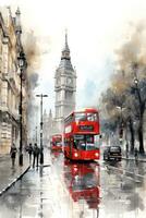 Londen straat met rood bus in regenachtig dag schetsen illustratie foto