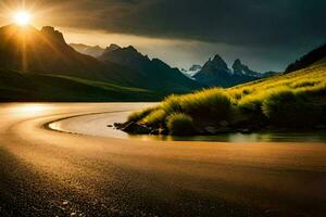 de zon schijnt over- een berg reeks en een rivier. ai-gegenereerd foto