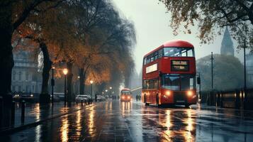 Londen straat met rood bus in regenachtig dag schetsen illustratie foto