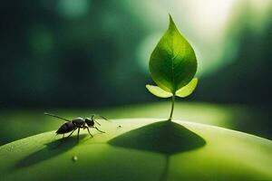 een klein insect is staand Aan een blad. ai-gegenereerd foto