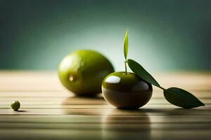twee groen appels Aan een houten tafel. ai-gegenereerd foto