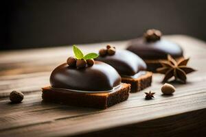 drie chocola desserts Aan een houten tafel. ai-gegenereerd foto
