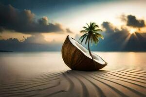 de kokosnoot boom Aan de strand. ai-gegenereerd foto