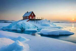 een rood huis zit Aan een ijsberg in de midden- van de oceaan. ai-gegenereerd foto