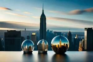 drie glas bollen met de stad horizon in de achtergrond. ai-gegenereerd foto