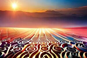 de zon is instelling over- een veld- met een patroon van lijnen. ai-gegenereerd foto