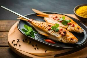 gegrild vis Aan een bord met rijst- en specerijen. ai-gegenereerd foto