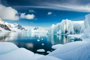 ijsbergen zijn drijvend in de water met sneeuw Aan de grond. ai-gegenereerd foto