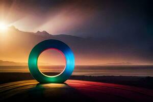een kleurrijk ring zit Aan de strand Bij zonsondergang. ai-gegenereerd foto