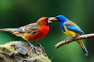 twee kleurrijk vogelstand zijn zittend Aan een Afdeling. ai-gegenereerd foto