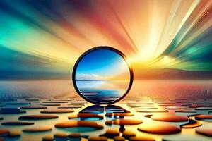 een circulaire spiegel met een kleurrijk lucht en water. ai-gegenereerd foto