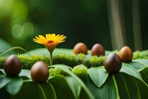 een bloem en een bundel van eieren Aan een groen blad. ai-gegenereerd foto