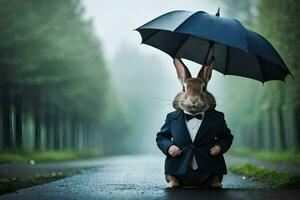 een konijn in een pak en stropdas Holding een paraplu. ai-gegenereerd foto