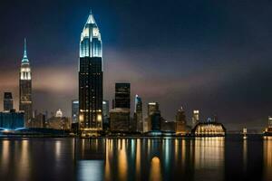 de stad horizon Bij nacht met de rijk staat gebouw in de achtergrond. ai-gegenereerd foto