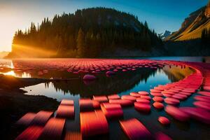 een meer met roze ballen drijvend in het. ai-gegenereerd foto