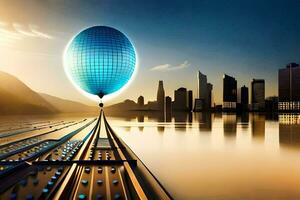 een futuristische stad met een bal drijvend in de lucht. ai-gegenereerd foto