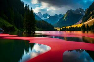 een meer met rood water en bergen in de achtergrond. ai-gegenereerd foto